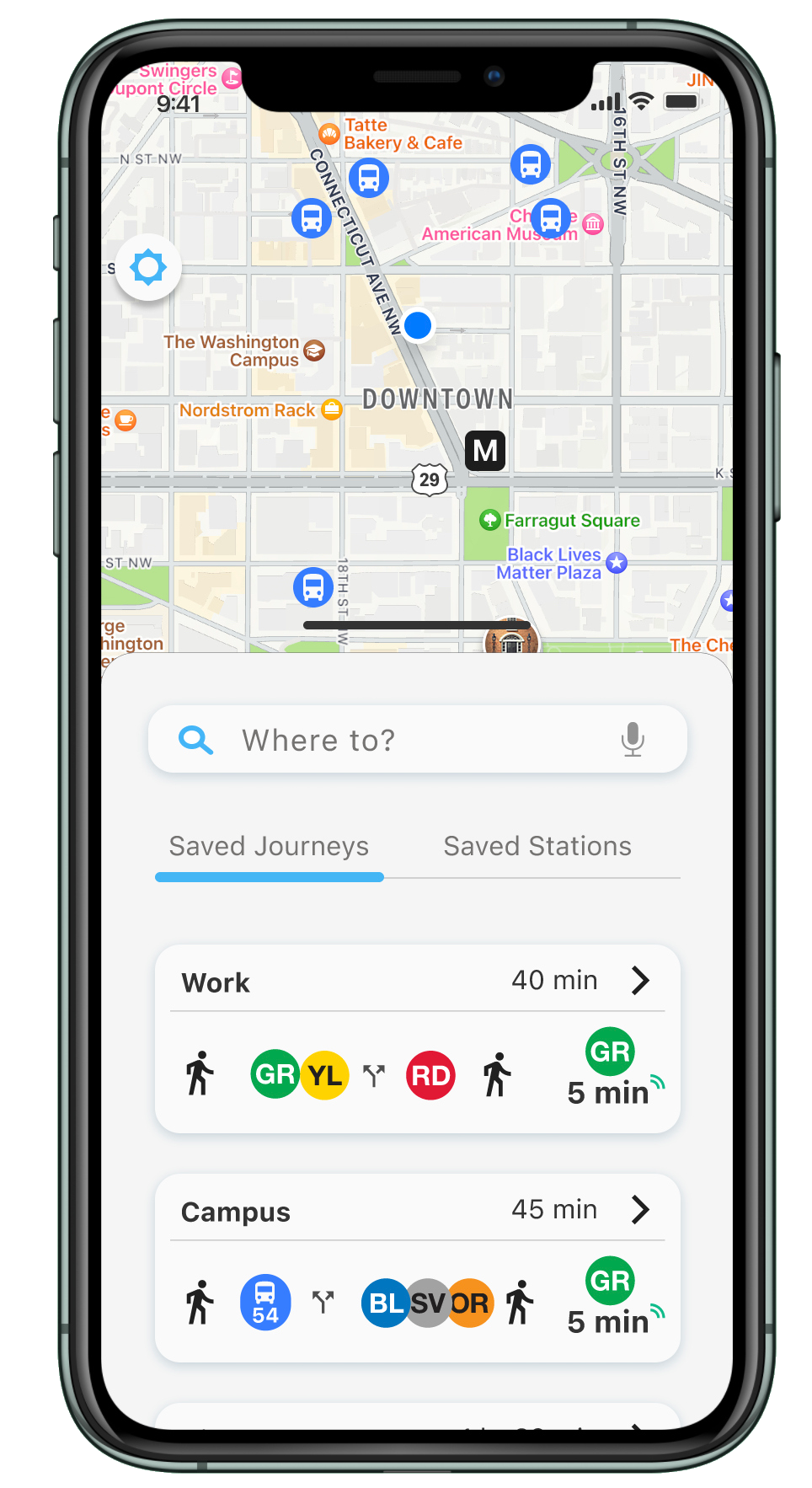 PLANR home screen — saved journeys and stations