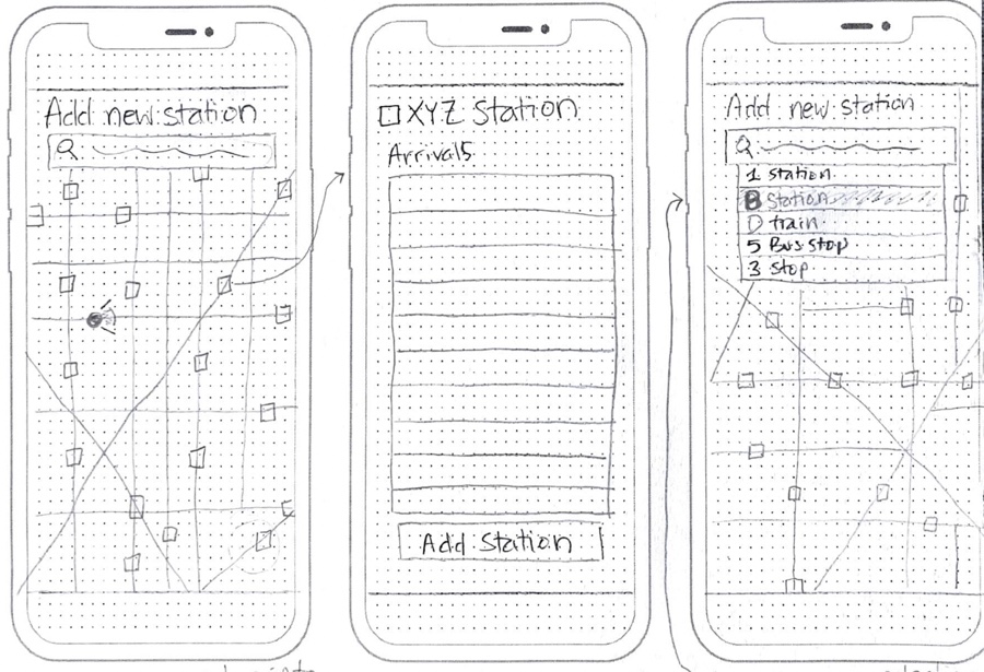 Refined paper sketch — add station and station detail screens