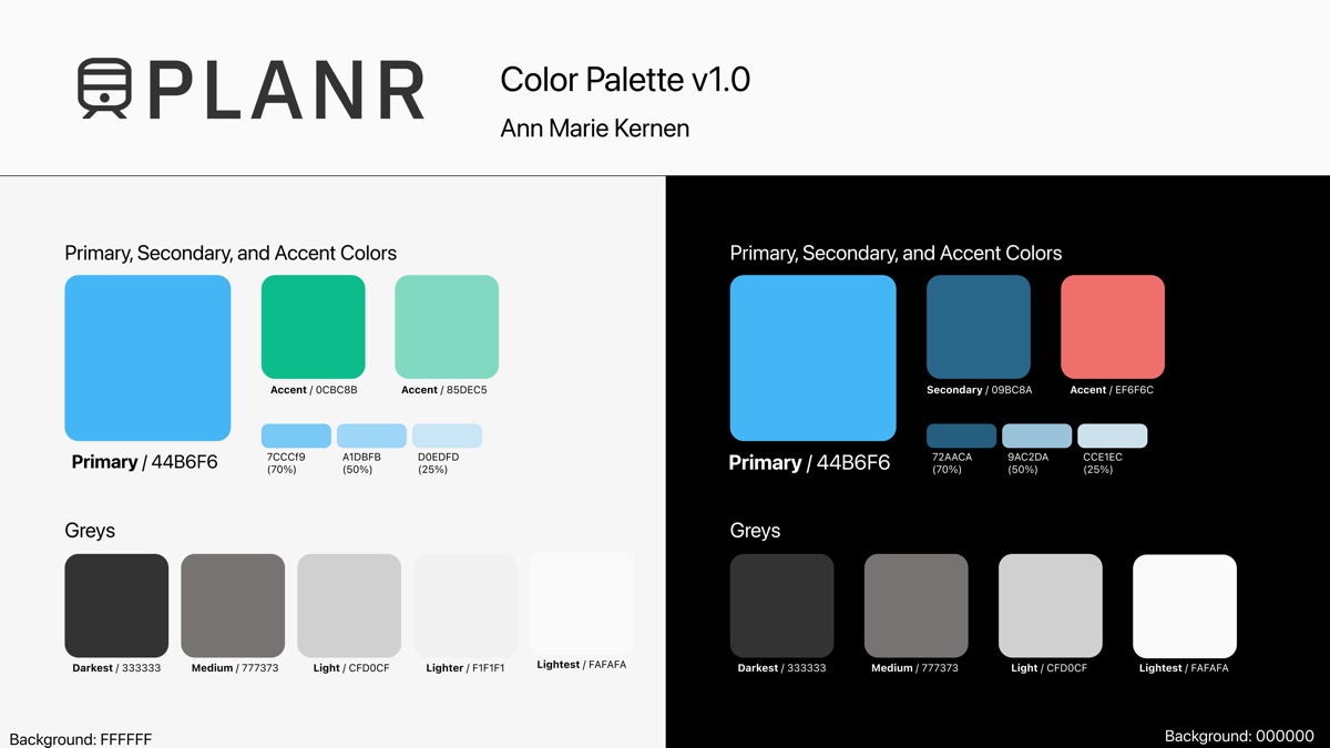 PLANR color palette — light and dark