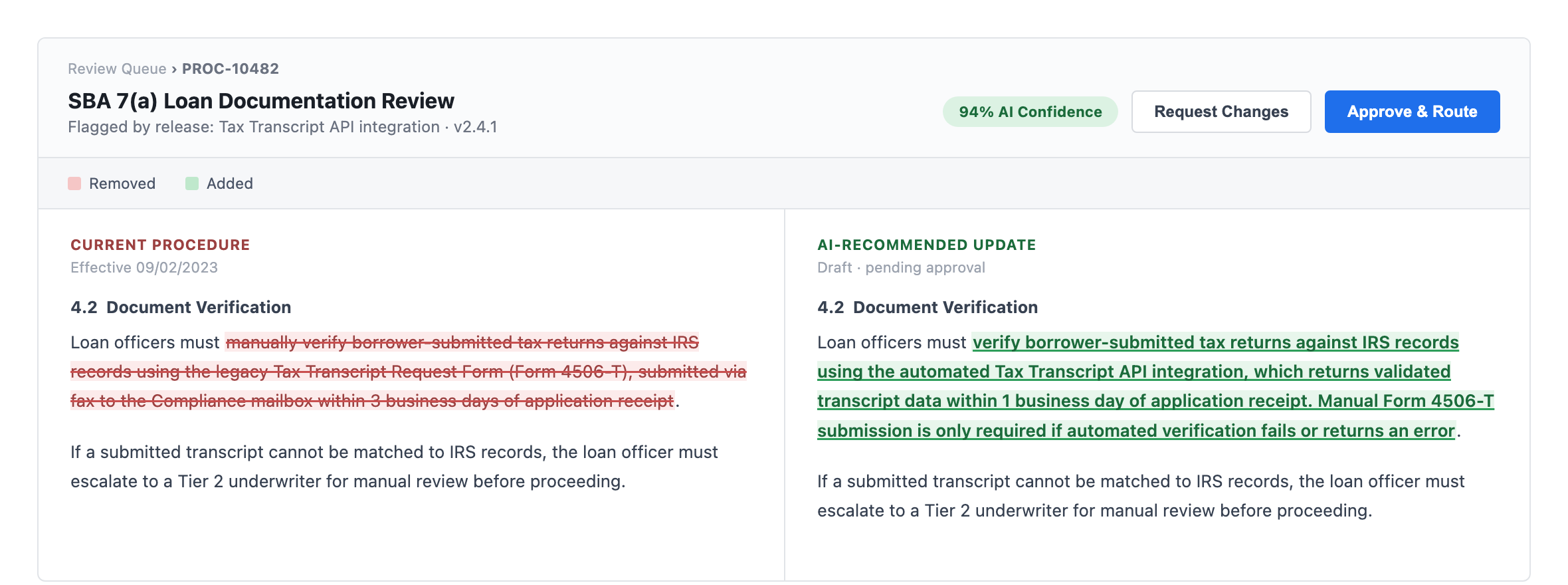 Procedures Updater — AI-suggested review diff